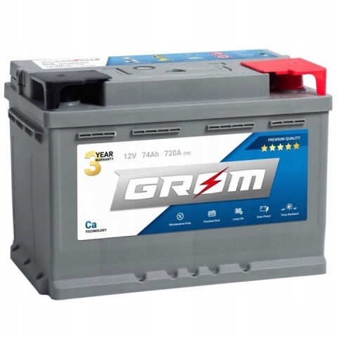 AKUMULATOR 74AH 12V 720A P+ GROM PREMIUM - 3 LATA GWARANCJI